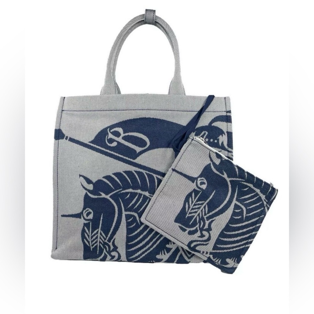 NWT Burberry LARGE EKD Canvas Tote Bag Gray & Navy | Square Toe | Zipper Pouch